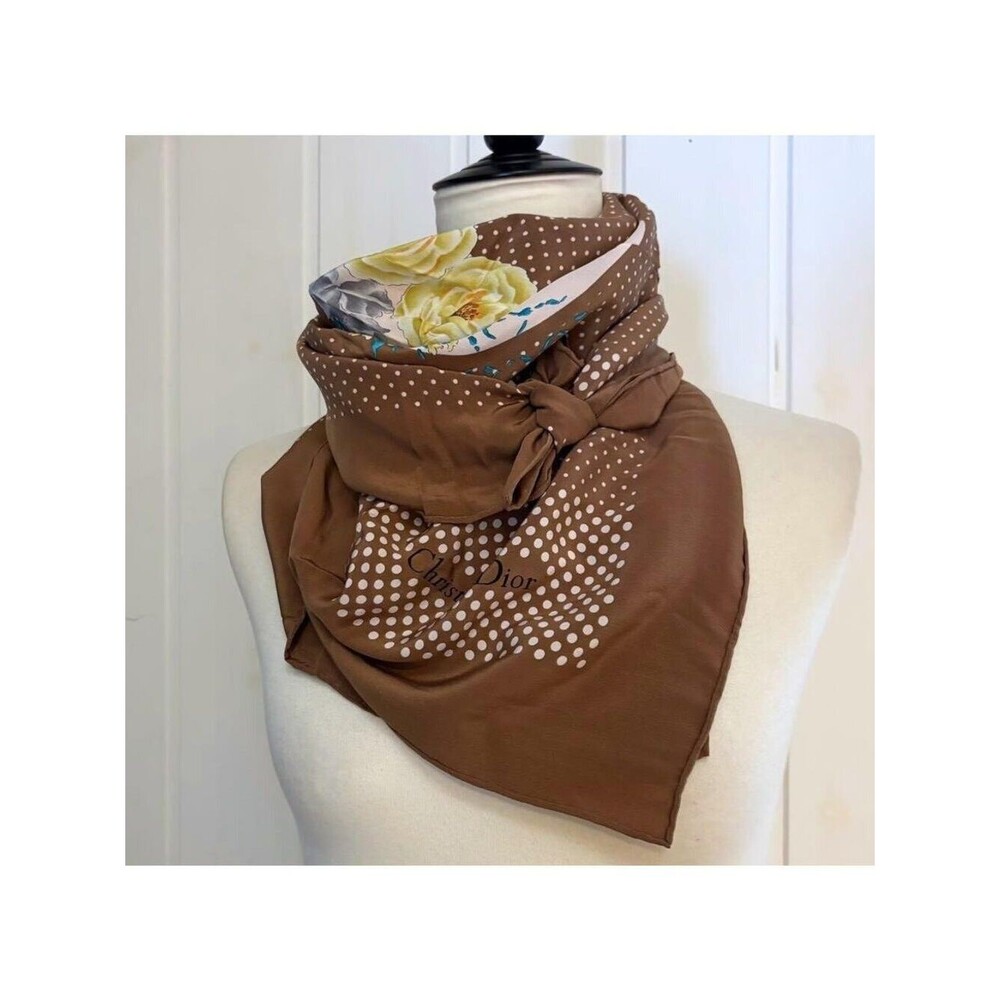 Christian Dior vintage silk floral "C" polka dot scarf large 33" EUC - Picture 8 of 10